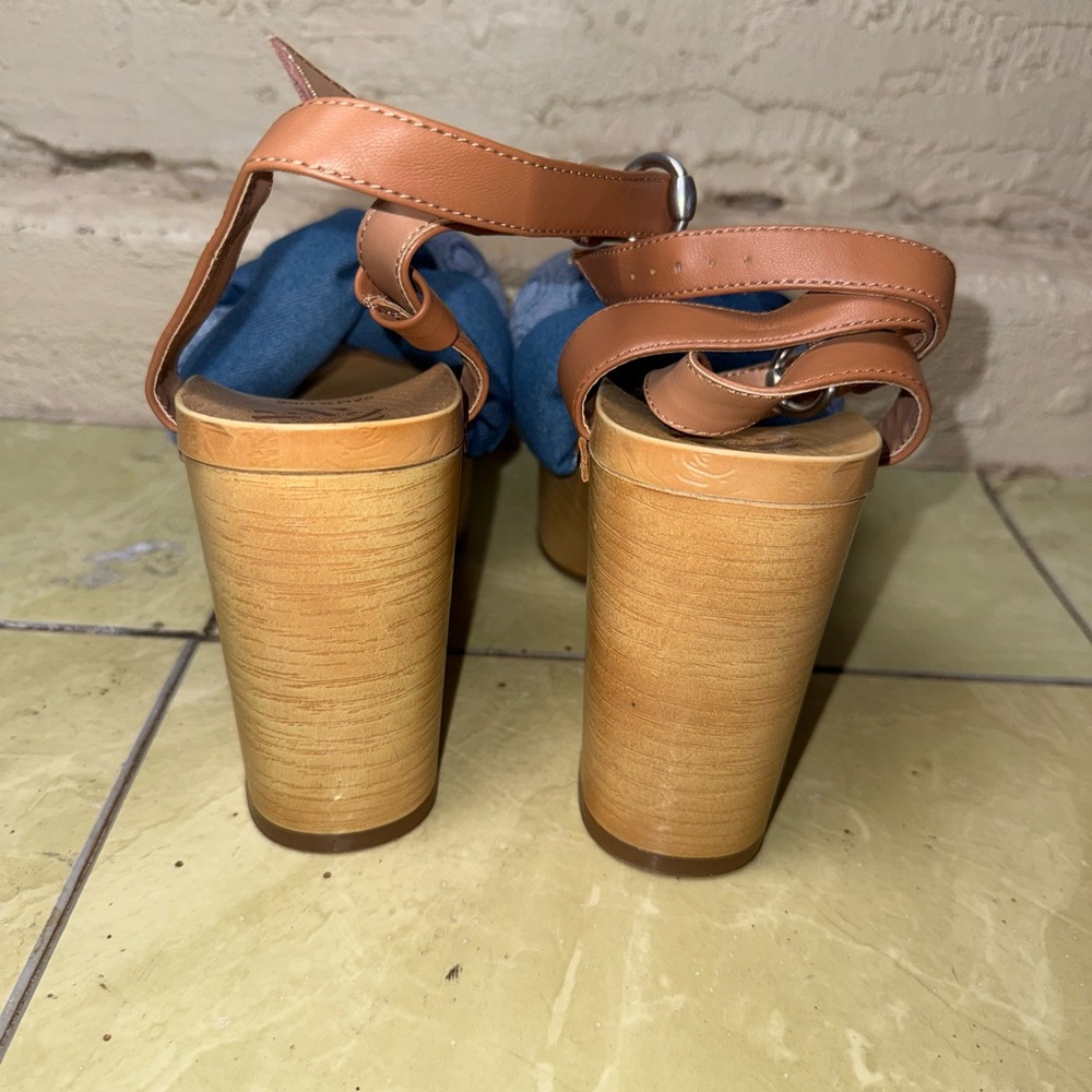 Sam & Libby Denim Knot Platform Clog Sandals Wood Heel Boho Size 8.5 Retro - Picture 11 of 12